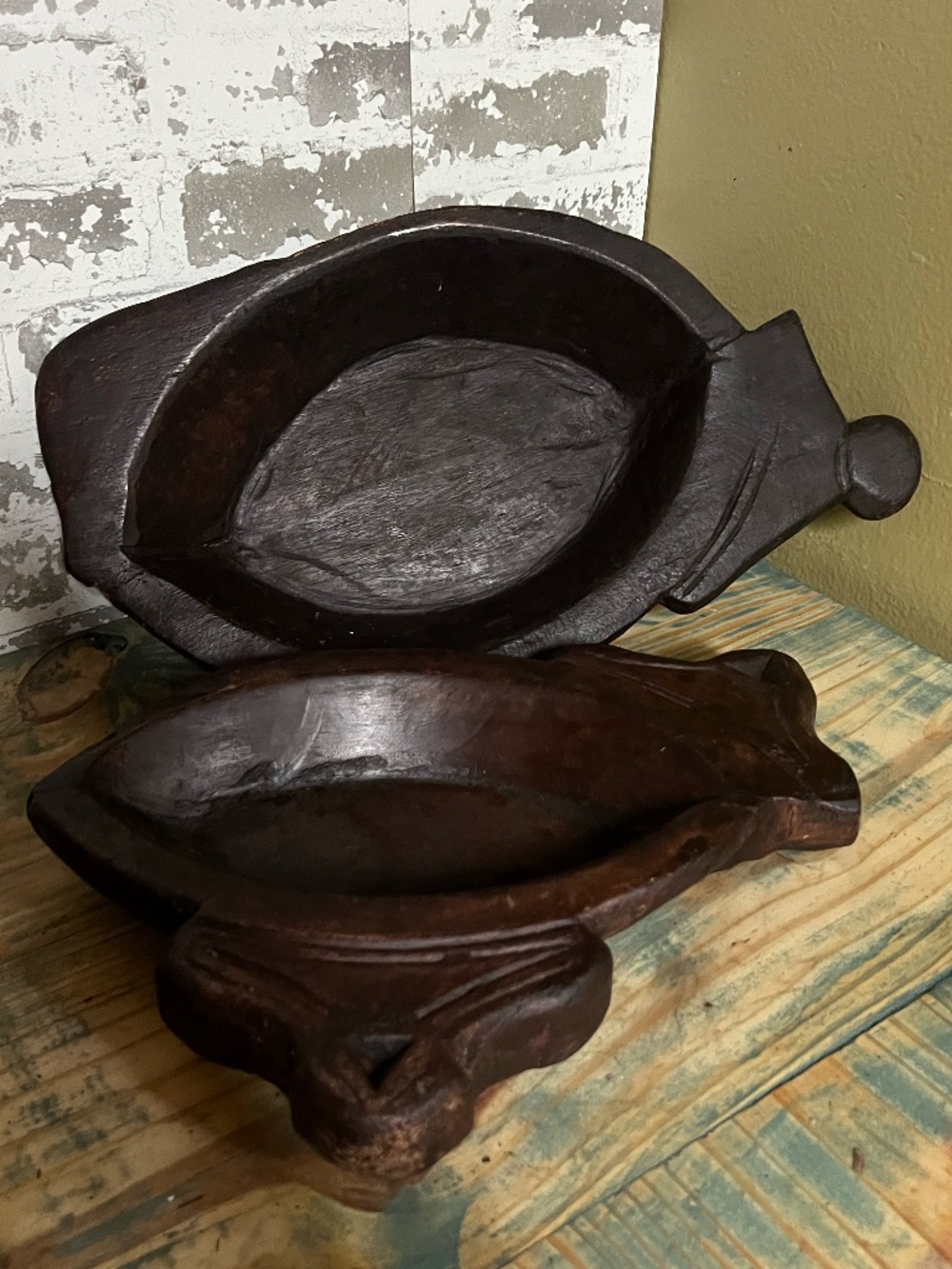 Pair Of Vintage hand-carved rustic oval wooden Indian Kharal pots